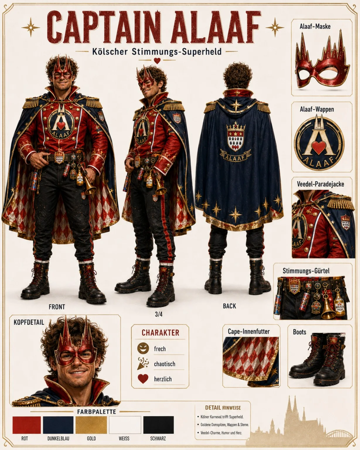 Captain Alaaf Designsheet mit Maske, Wappen, Jacke, Gürtel, Cape und Boots